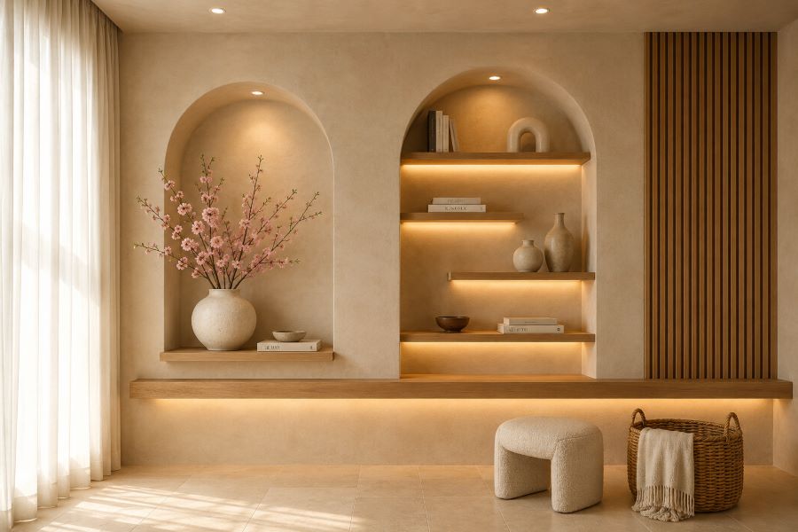 beige arched niche accent wall built-in shelves LED lighting