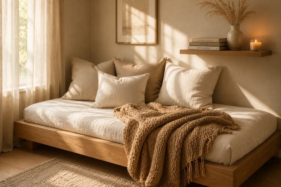 luxurious beige daybed corner layered linen cushions

