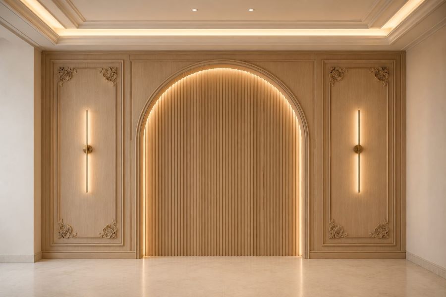 beige fluted panel arch accent wall brass sconces decor