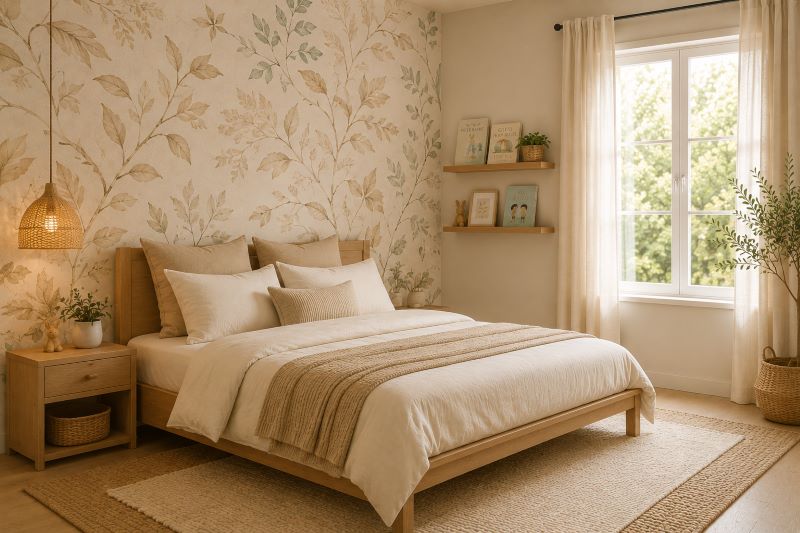 Beige peel and stick accent wall kids room