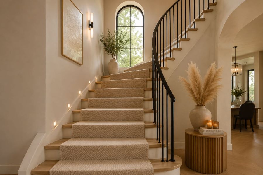 staircase runner black railing pampas grass decor
