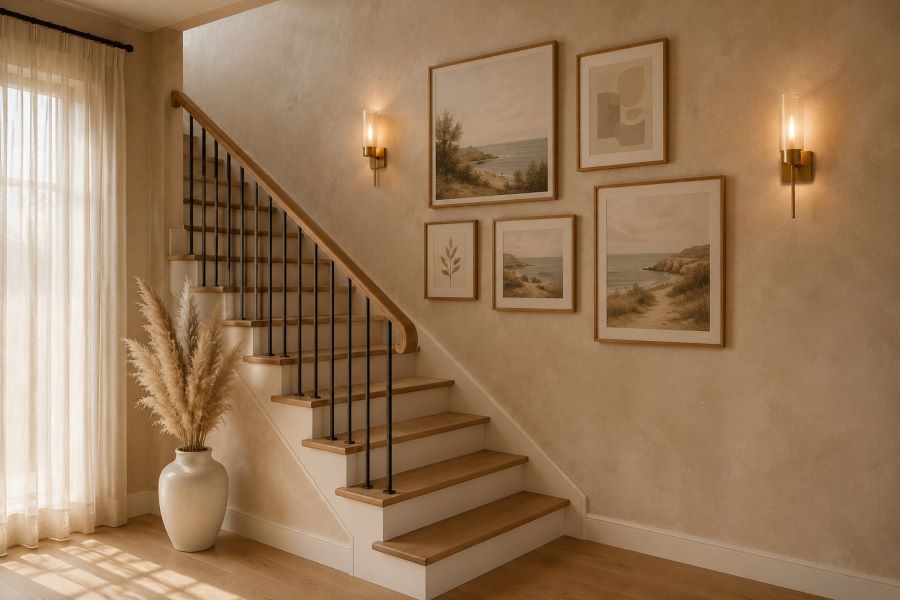 beige staircase decor ideas with gallery wall art sconces pampas grass