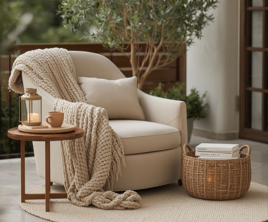 Cozy beige terrace reading nook setup
