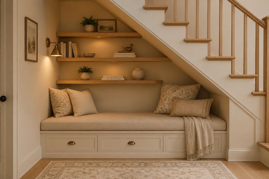  beige under staircase reading nook cushioned bench shelves
