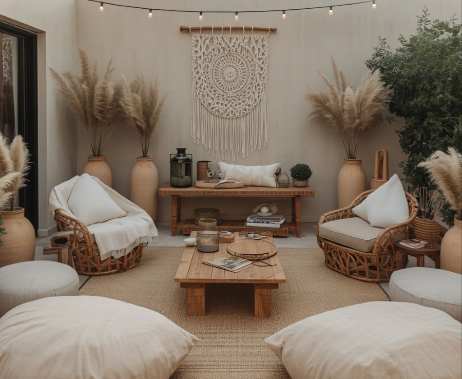 Beige boho terrace with rattan seating
