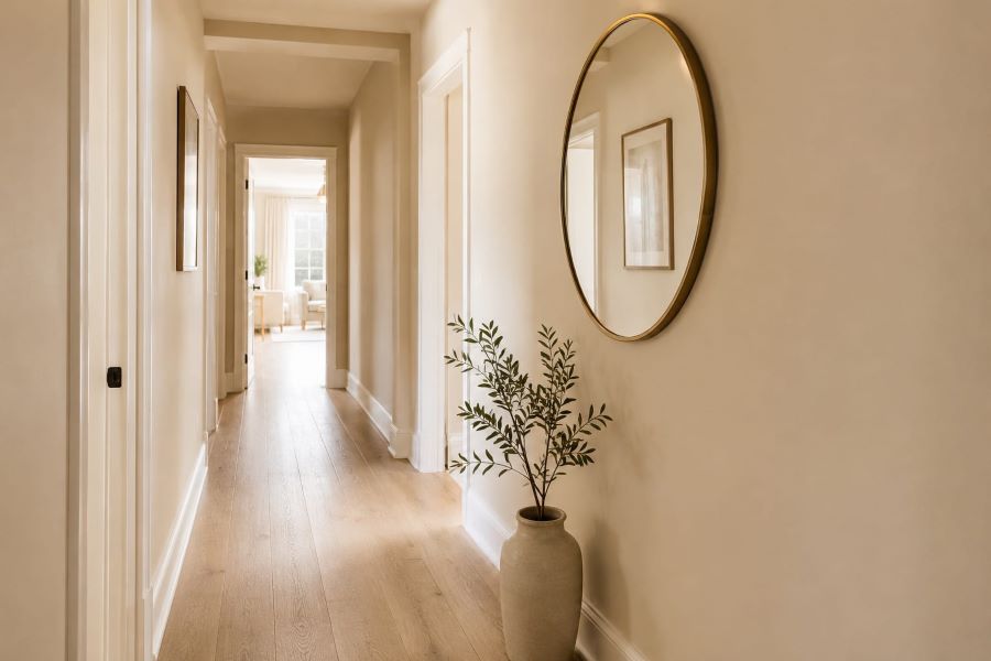 Warm beige hallway with white trim and brass mirror