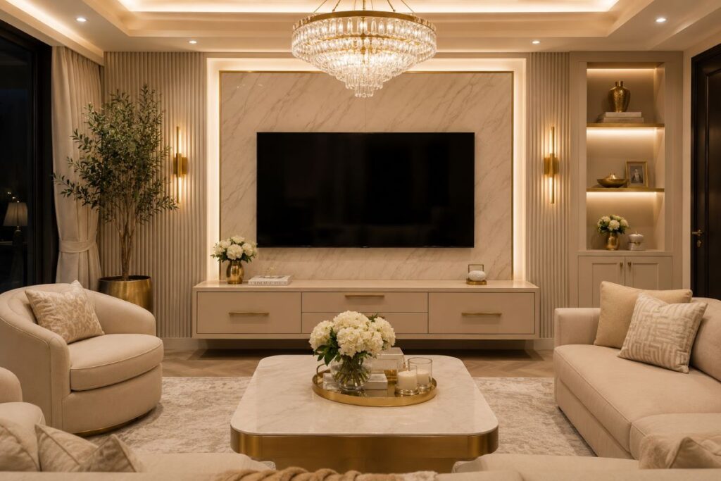 Premium seating arrangement with gold decorative accent pieces