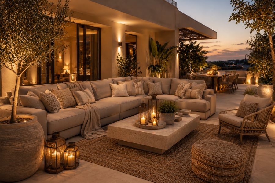 Luxury beige terrace with premium furnishings
