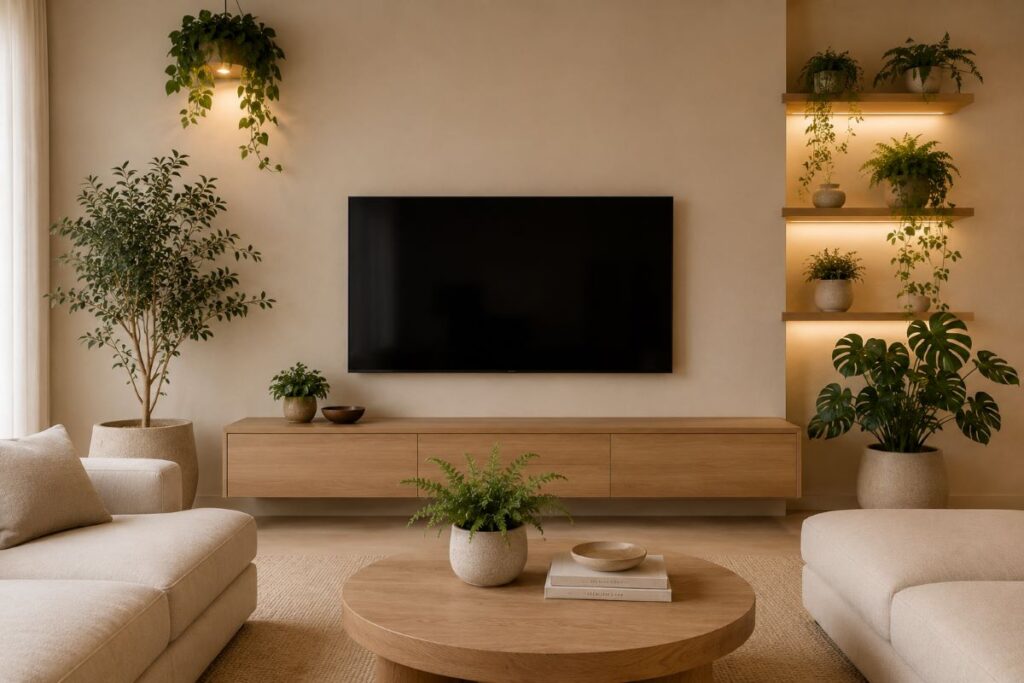 Potted plants arranged throughout sparse minimalist styled room