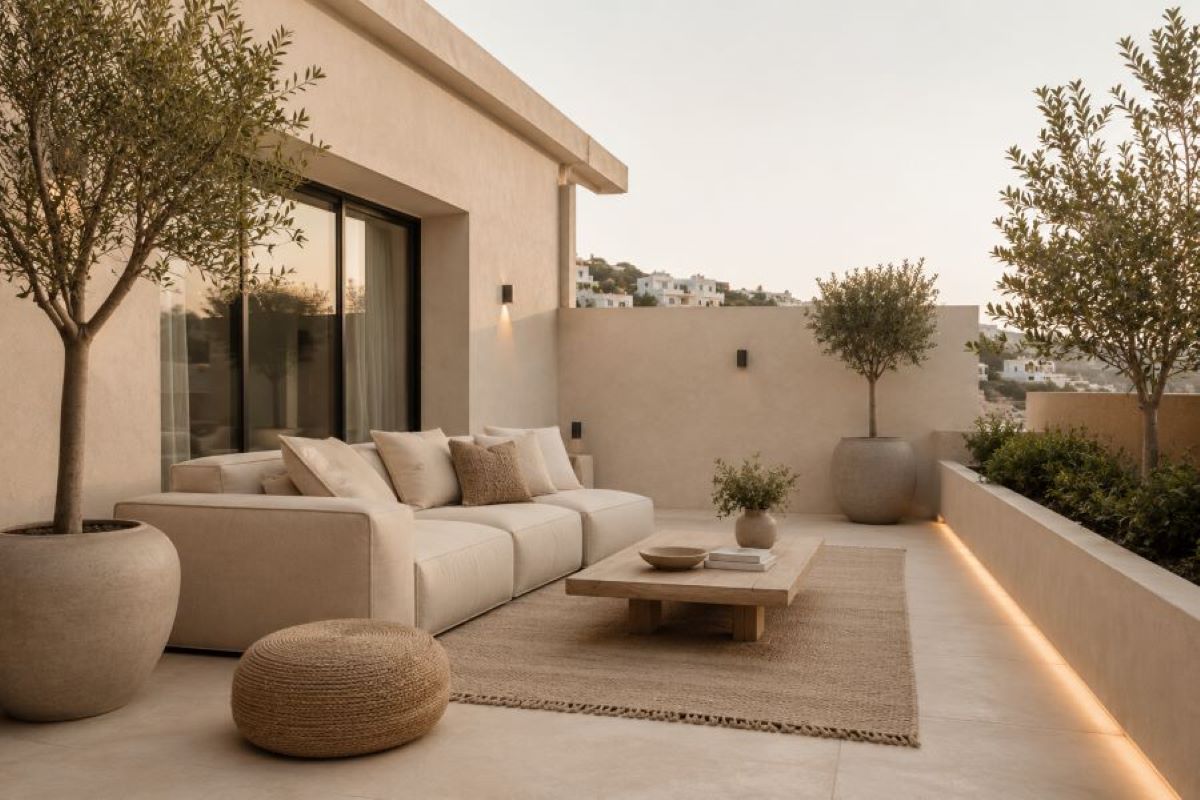 Beige terrace decor ideas for modern home decor and outdoor sitting space