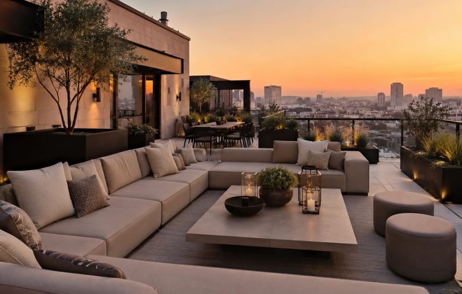 Modern beige rooftop lounge at sunset
