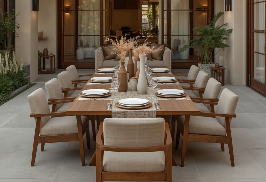 Elegant beige outdoor dining terrace setup
