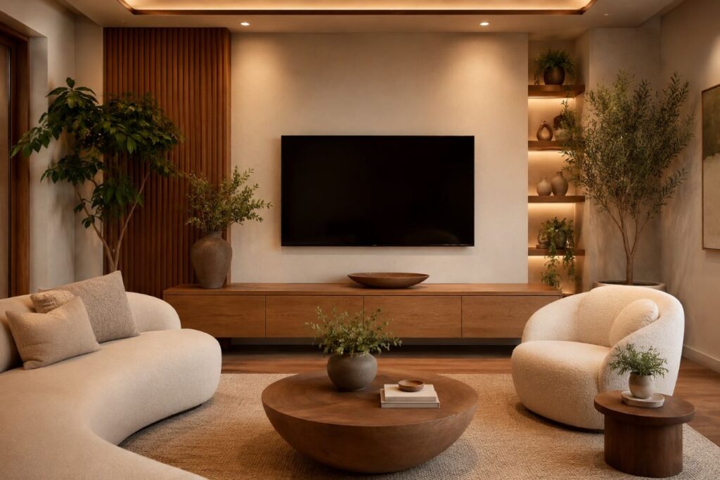 Natural wood furniture displayed in contemporary entertainment setting