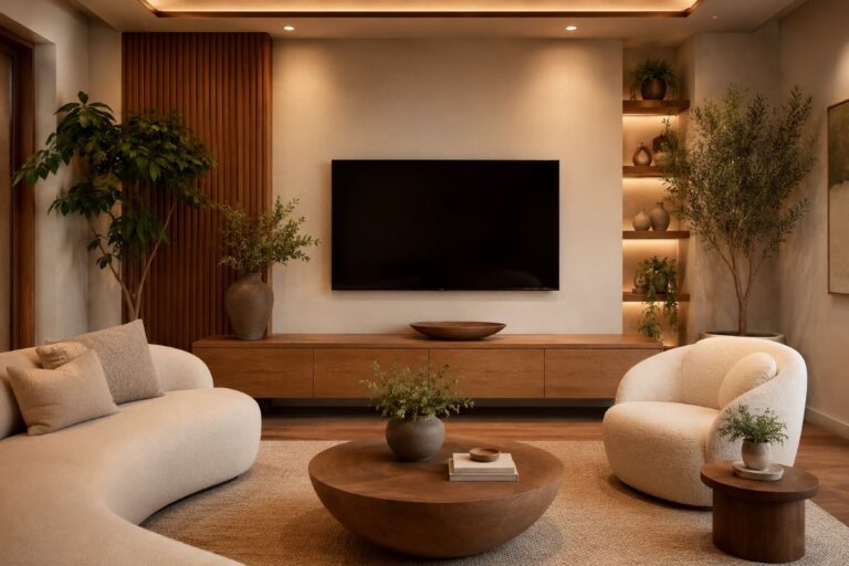 Natural wood furniture displayed in contemporary entertainment setting