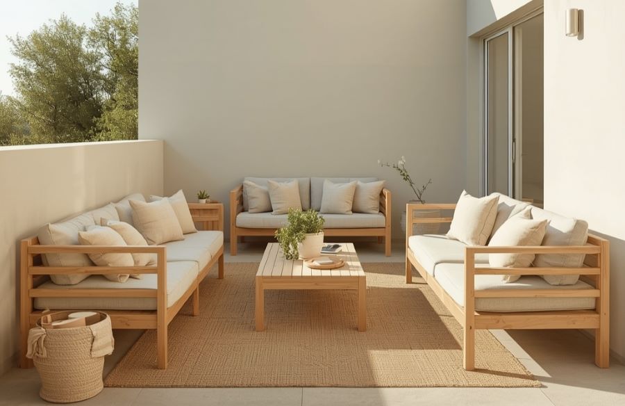  Scandinavian beige terrace with wood accents

