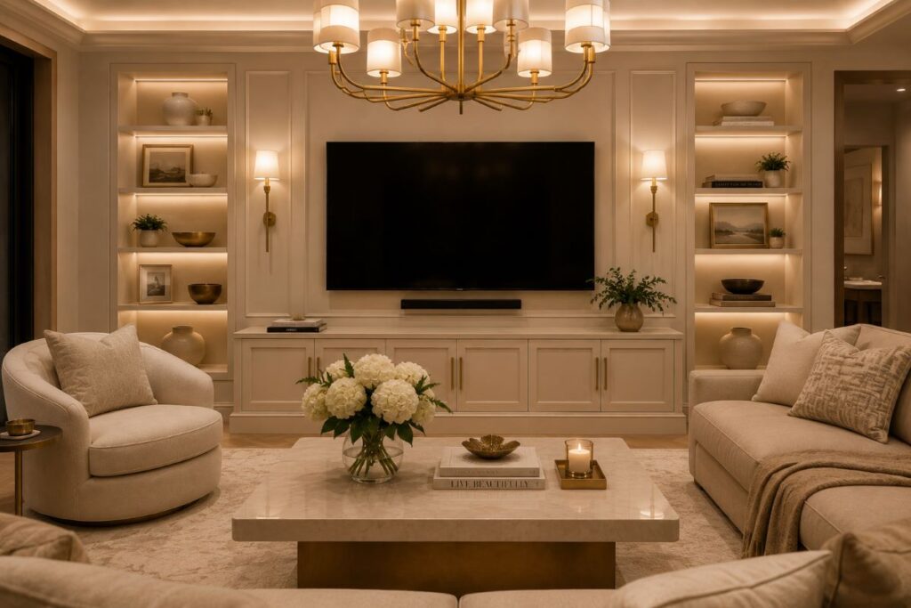 Refined decor items arranged intentionally on display shelves