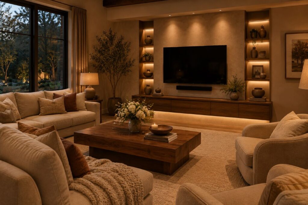 Comfortable seating arrangement with warm ambient lighting overhead