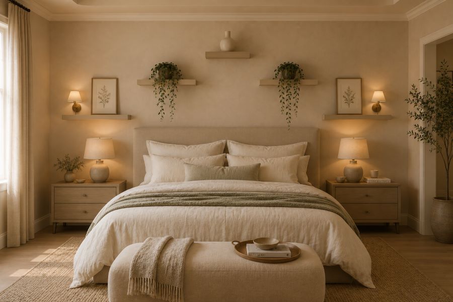 Luxurious beige bedroom floating shelves above linen headboard