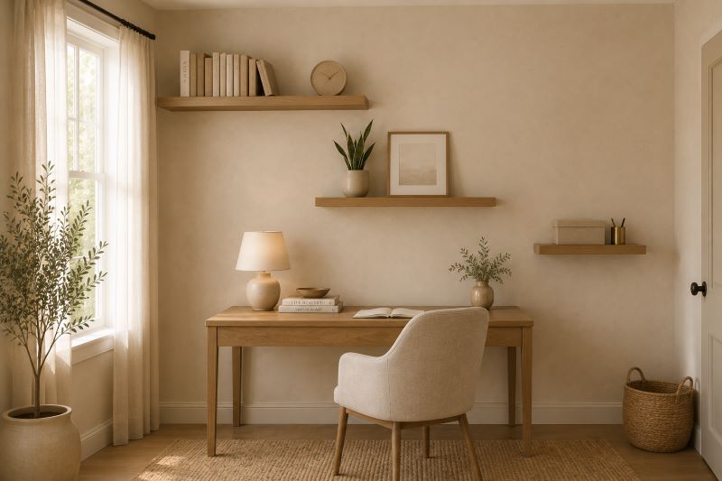  home office floating shelf above slim oak desk