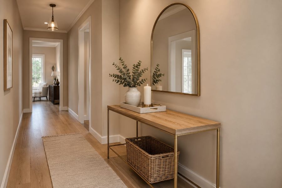 Slim wood console table in beige entryway with mirror