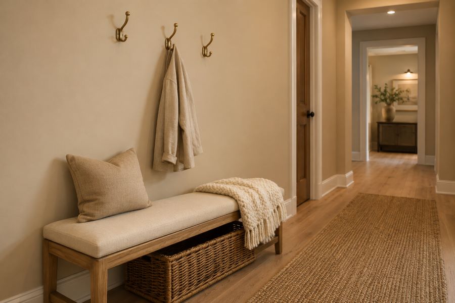 Linen entryway bench with brass hooks