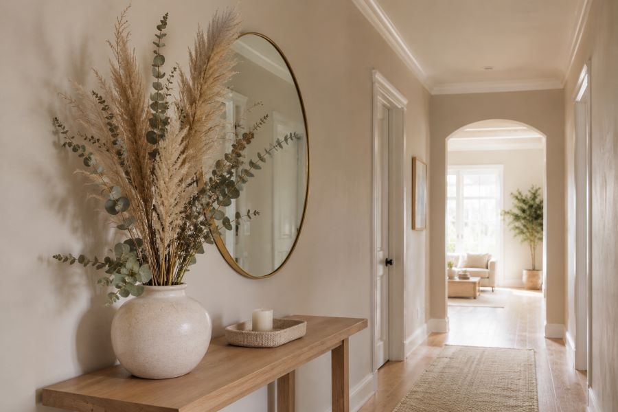 Dried pampas grass in cream vase on beige hallway console