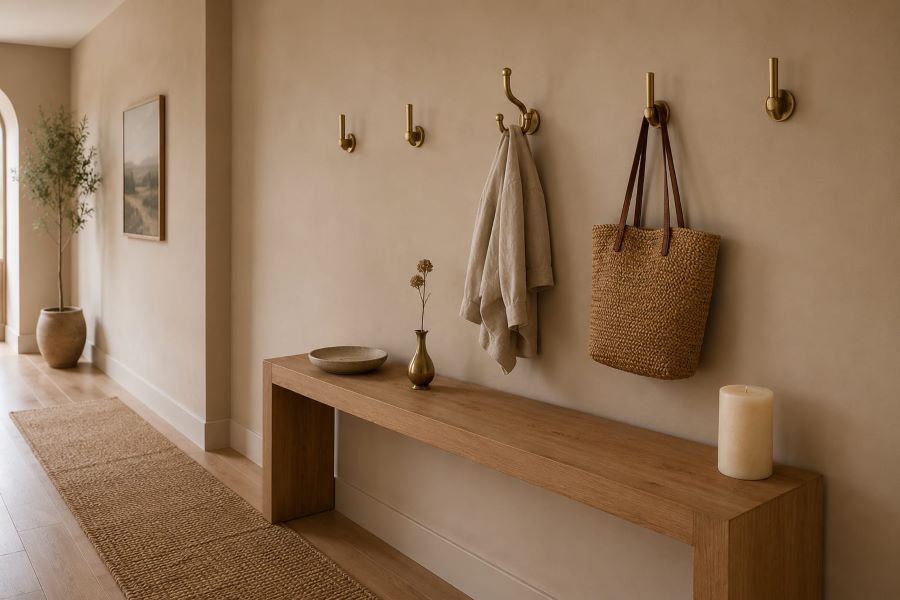 Row of brushed brass hooks above console
