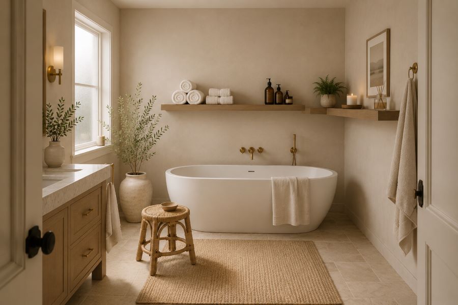 Spa-like bathroom shelves with towels and fern