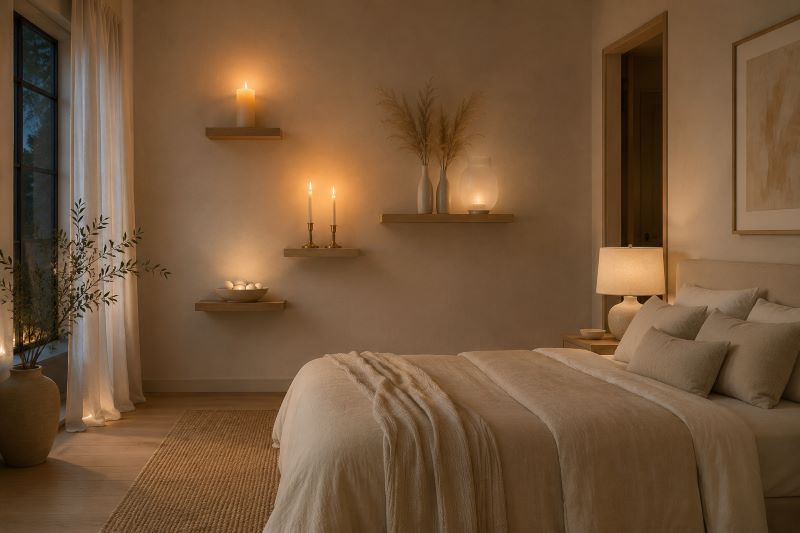 bedroom floating shelf with candles and pampas vases