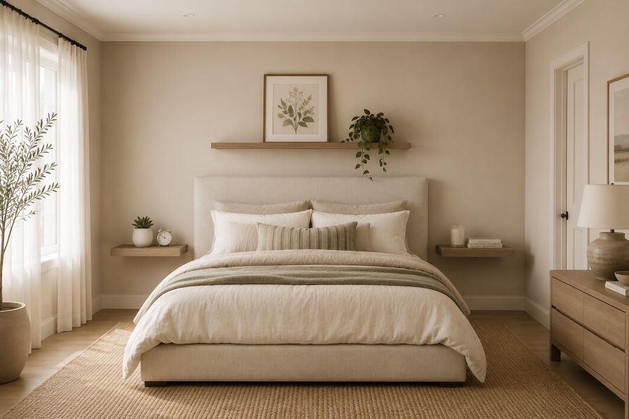 Serene beige bedroom floating shelf beside linen bed