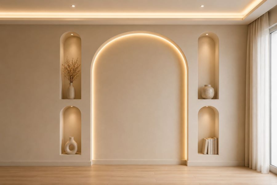 beige arch accent wall LED niches ceramic vases decor