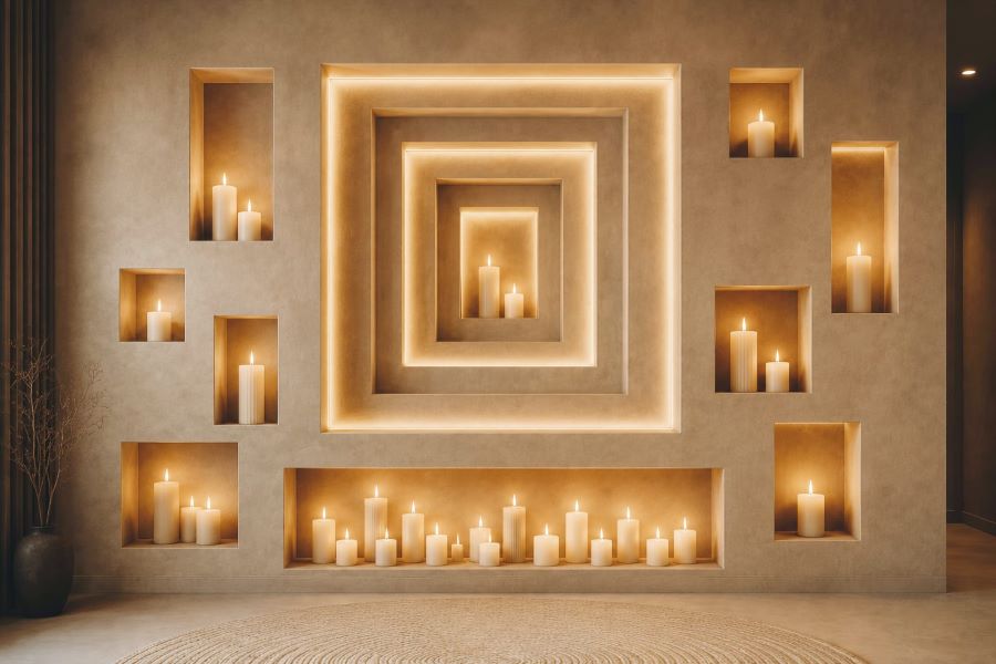 beige LED niche accent wall candles warm glow decor