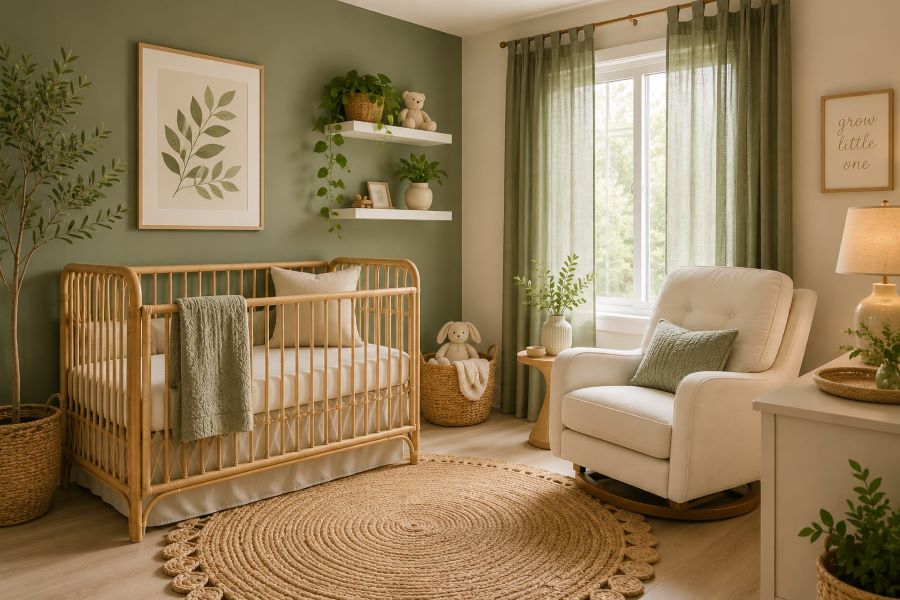 Beige and sage green nursery with rattan crib and botanical prints on wall