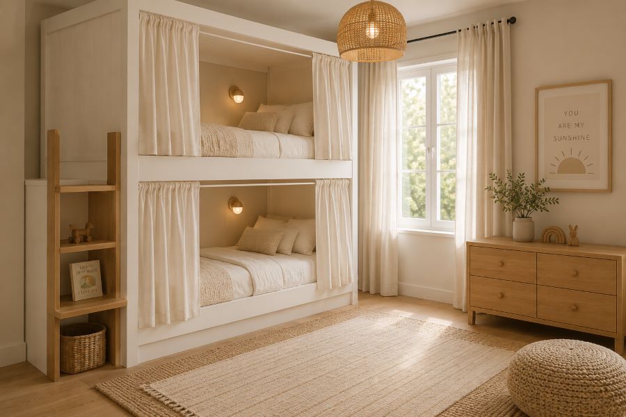 Beige and white bunk beds kids room