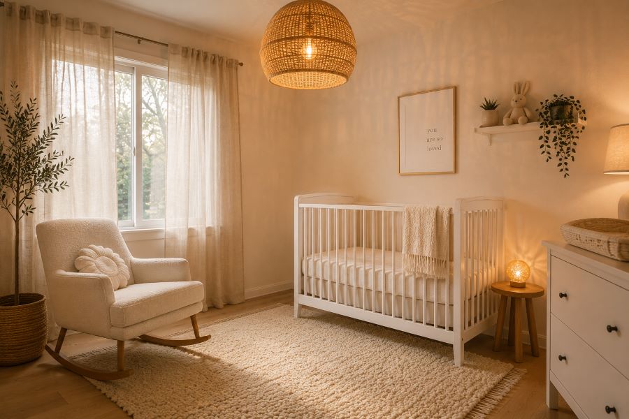 Beige and white nursery with soft warm lighting and ivory linen crib bedding
