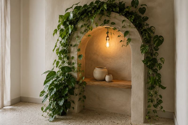Greige arched nook with trailing pothos and ferns 