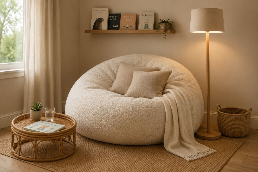 Beige bean bag corner for  kids room decor