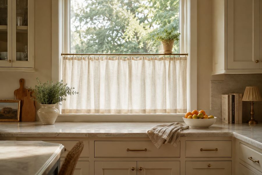 beige cafe style kitchen curtains brass rod natural light
