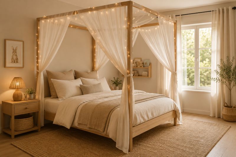 Beige canopy bed in neutral kids room