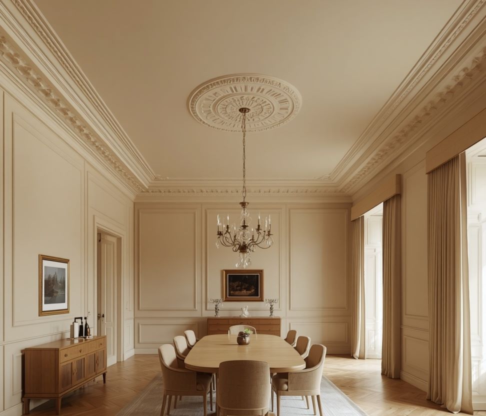 beige ceiling decor ideas with crown molding elegant dining room
