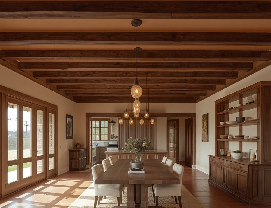exposed wooden beams farmhouse dining room ceiling design idea