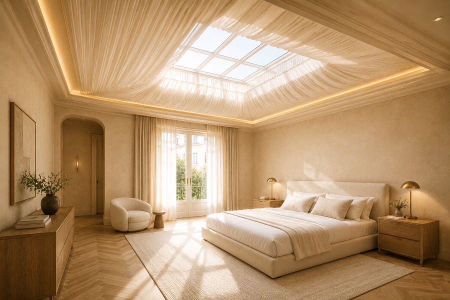 beige ceiling decor ideas with skylight sheer drapes bedroom natural light
