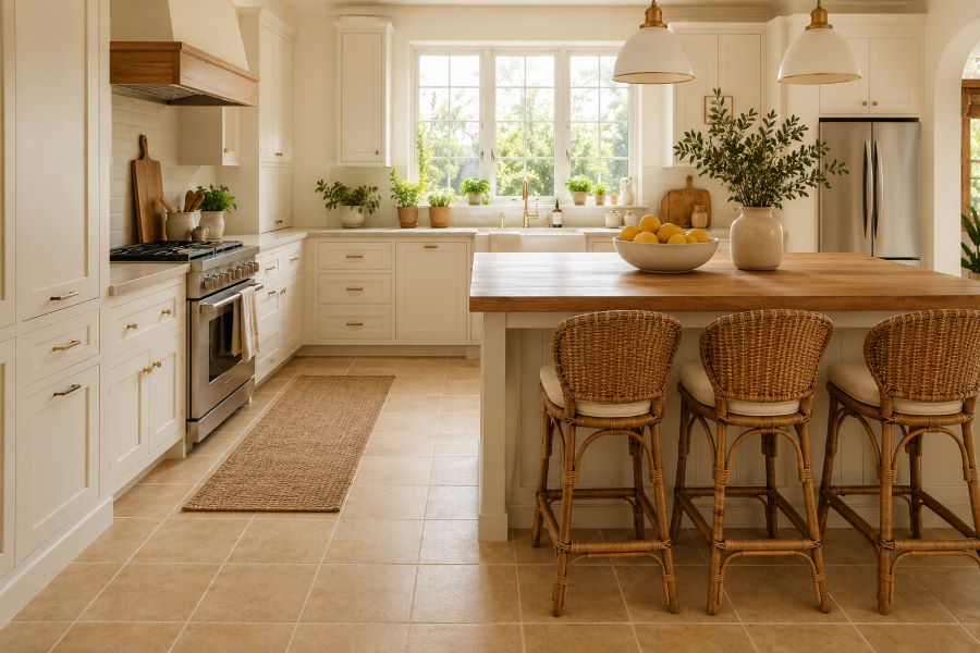 warm beige ceramic floor tiles modern kitchen interior