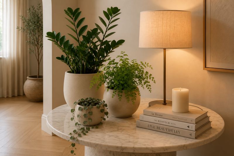 Marble side table with beige ceramic pots plants