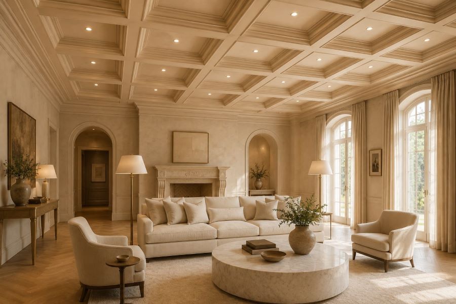 coffered ceiling design with warm and ivory living room
