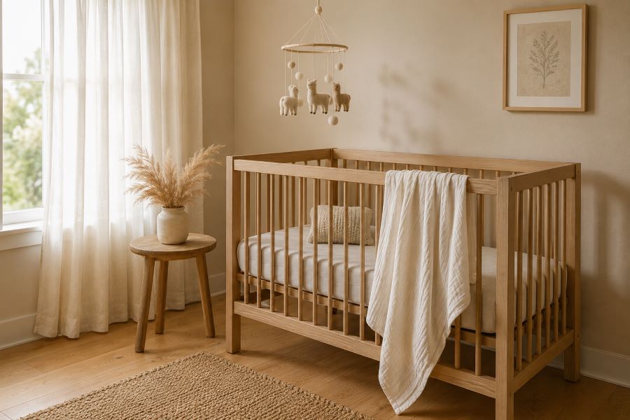 Soft beige nursery with warm natural light and light oak floors