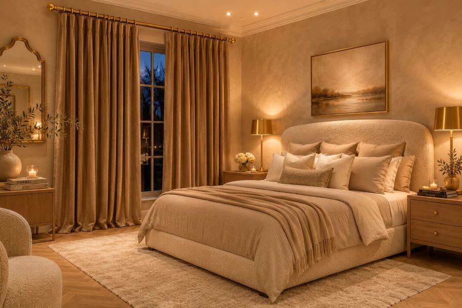 beige velvet curtains gold brass rod bedroom quiet luxury
