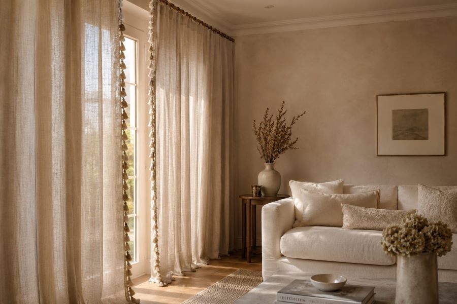  beige linen curtains tassel trim brass rod living room
