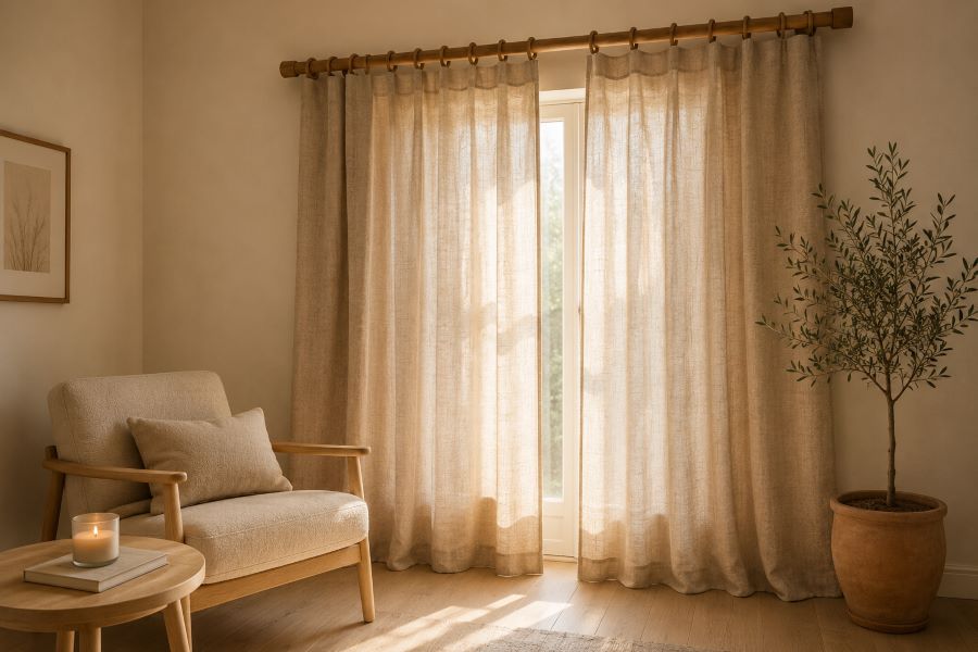  beige linen curtains natural wooden rod Scandinavian style
