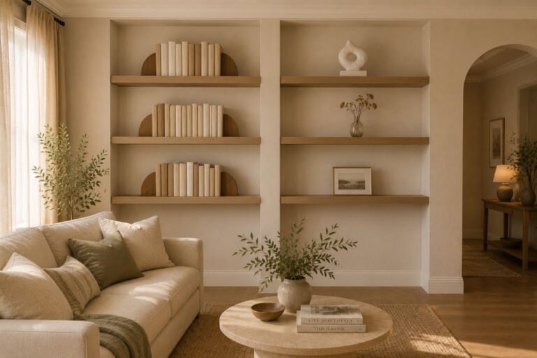 beige floating shelves decor ideas for modern interior